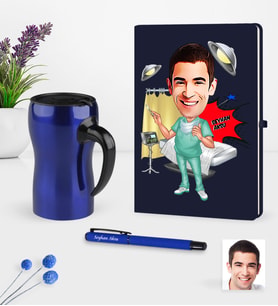 BK Gift Kişiye Özel Bay Cerrah Karikatürlü Lacivert Defter Kalem Termos Mug Seti - 1 (Model 1)