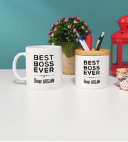 Patrona Hediye Best Boss Ever Tasarımlı Patron Kupa Bardak ve Kalemlik Hediye Seti