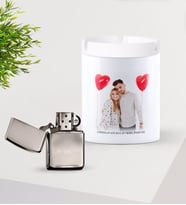 BK Gift Kişiye Özel Fotoğraflı Mesajlı Silver Benzinli Metal Çakmak ve Seramik Kül Tablası Seti-1 (Model 1)