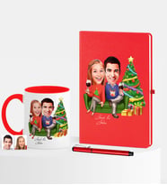 BK Gift Kişiye Özel Yılbaşı Sevgililer Karikatürlü Kırmızı Defter Kalem Kupa Seti - 4