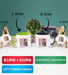 İkili Yeşil Siyah Sevgiliye Sevgililer Günü Hediyesi 12 Kupa Bardak Anahtarlık