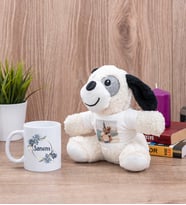 İsme Özel Çiçek Desenli Beyaz Kupa Bardak ve Peluş Köpek