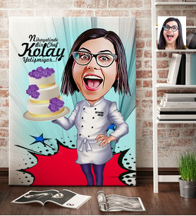 BK Gift Kişiye Özel Bayan Chef Karikatür Kanvas Tablo 70x100cm 2