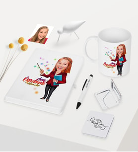 BK Gift Kişiye Özel Bayan Öğretmen Temalı Karikatürlü Beyaz Defter Kalem Kupa Ayna Seti - 3