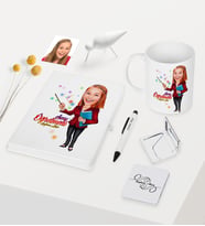 BK Gift Kişiye Özel Bayan Öğretmen Temalı Karikatürlü Beyaz Defter Kalem Kupa Ayna Seti - 3
