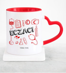 BK Gift Kişiye Özel Mesleki Eczacı Kırmızı Kalpli Kupa Bardak  2