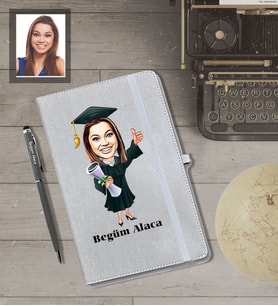 Kişiye Özel Mezuniyet Karikatürlü Gri Defter Kalem Hediye Seti  Bayan-1