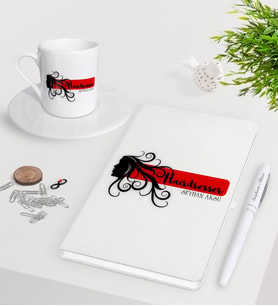 BK Gift Kişiye Özel Saç Stilisti Beyaz Defter Kalem Türk Kahvesi Fincanı Seti-2 (Model 1)