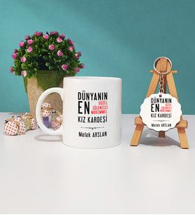 Kız Kardeş Tasarımlı Kişiye Özel Hediye Kız Kardeş Kupa Bardak ve Ahşap Anahtarlık Hediye Seti