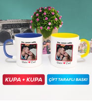 İkili Sevgiliye Sevgililer Günü Hediyesi 9 Kupa Bardak Lacivert Sarı