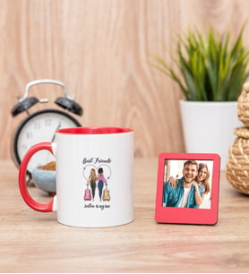 Best Friends İki İsimli Kırmızı Kupa Bardak ve Kırmızı Mini Fotoğraf Çerçevesi