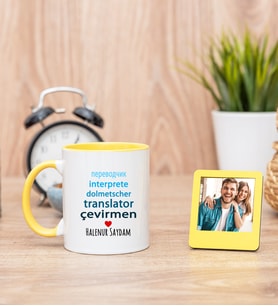 Çevirmen Sarı Kupa Bardak ve Sarı Mini Fotoğraf Çerçevesi