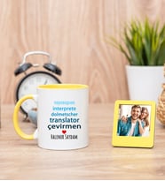 Çevirmen Sarı Kupa Bardak ve Sarı Mini Fotoğraf Çerçevesi