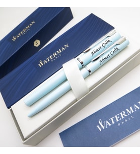 Waterman Allure Pastel Mavi Roller Kalem + Tükenmez Kalem Set  İsme Özel Kalem  Hediye Kalem
