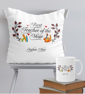 BK Gift Kişiye Özel Yılın En İyi Öğretmeni Temalı Yastık Kupa Seti - 1