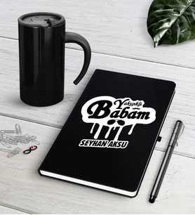 BK Gift Kişiye Özel Yakışıklı Babam Siyah Defter Kalem Termos Mug Seti-2 (Model 1)