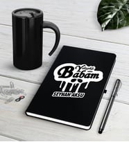 BK Gift Kişiye Özel Yakışıklı Babam Siyah Defter Kalem Termos Mug Seti-2 (Model 1)