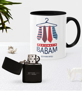 BK Gift Kişiye Özel Karizmatik Babam Siyah Kupa Bardak Benzinli Metal Çakmak Seti (Model 1)