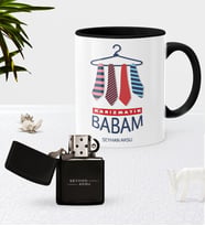 BK Gift Kişiye Özel Karizmatik Babam Siyah Kupa Bardak Benzinli Metal Çakmak Seti (Model 1)