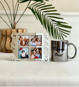 Kişiye Özel Canım Annem 4 Fotoğraf Standlı Mdf Gümüş Çerçeve Ve Gümüş Kupa Set