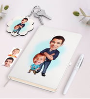 BK Gift Kişiye Özel Baba Oğul Karikatürlü Beyaz Defter Kalem ve Anahtarlık Hediye Seti-2 (Model 1)