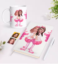 BK Gift Kişiye Özel Kız Kardeşler Karikatürlü Beyaz Defter Kalem ve Kupa Hediye Seti-3 (Model 1)