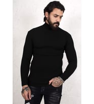 Erkek Siyah Balıkçı Yaka Çizgili Slim Fit Örme Kazak 2100015