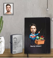 Kişiye Özel Öğretmen Karikatürlü Siyah Defter Çakmak Hediye Seti Bay-1 (Model 1)