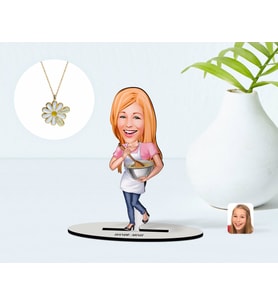 BK Gift Kişiye Özel Kadın Chef Karikatürlü 3D Ahşap Biblo ve İsimli Tarihli Papatya Kolye Seti-20 (Model 1)