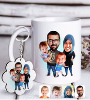 BK Gift Kişiye Özel Tesettürlü Aile Karikatürlü Beyaz Kupa ve Anahtarlık Hediye Seti-3 (Model 1)