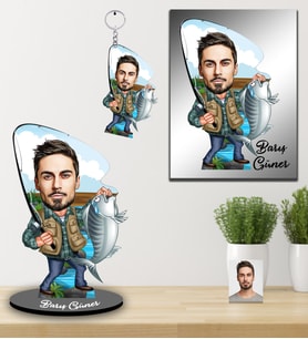 Kişiye Özel Balıkçı Karikatürlü 3 lü Hediye Seti Bay-1