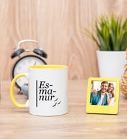 İsme Özel Heceli Sarı Kupa Bardak ve Sarı Mini Fotoğraf Çerçevesi