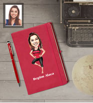 Kişiye Özel Sporcu Karikatürlü  Kırmızı Defter Kalem Hediye Seti Bayan-4