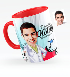 BK Gift Kişiye Özel Bay Göz Doktoru Karikatürlü Kırmızı Kupa Bardak  1