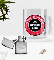 BK Gift Kişiye Özel Yakışıklı Babam Cam Kupa Bardak Benzinli Metal Çakmak Seti (Model 1)