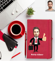 Kişiye Özel İş Adamı Karikatürlü Kırmızı Defter Kalem Hediye Seti Bay-2