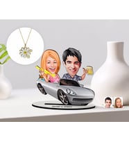BK Gift Kişiye Özel Sevgililer Karikatürlü 3D Ahşap Biblo ve Çift İsimli Papatya Kolye Seti-53 (Model 1)