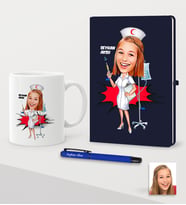 BK Gift Kişiye Özel Hemşire Karikatürlü Lacivert Defter Kalem Kupa Seti - 2 (Model 1)