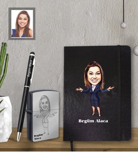 Kişiye Özel Öğretmen Karikatürlü  Siyah Defter Kalem Çakmak Hediye Seti  Bayan-4 (Model 1)