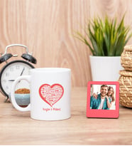 Kişiye Özel Kalpli Beyaz Kupa Bardak ve Kırmızı Mini Fotoğraf Çerçevesi