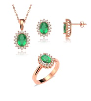 Oval Yeşil Taşlı Anturaj Pırlanta Montür Rose Gümüş Üçlü Set