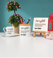 Sevgililer Günü Hediyesi Sevgili Tasarımlı Kişiye Özel Sevgililer Günü Hediyesi Türk Kahvesi Fincanı Kalemlik ve Dekoratif Taş Baskı Hediye Seti