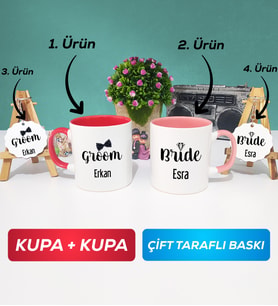 İkili Kırmızı Pembe Damat Kupa Bardak Anahtarlık