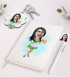 BK Gift Kişiye Özel Kadın Karikatürlü Beyaz Defter Kalem ve Anahtarlık Hediye Seti-30 (Model 1)