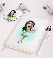 BK Gift Kişiye Özel Kadın Karikatürlü Beyaz Defter Kalem ve Anahtarlık Hediye Seti-30 (Model 1)
