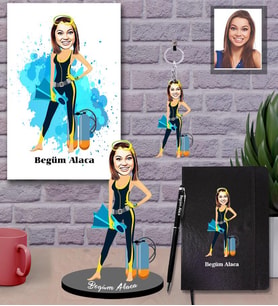 Kişiye Özel Dalgıç Karikatürlü 5 li Hediye Seti  Bayan-1