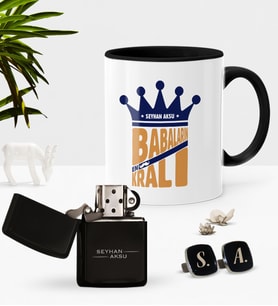 BK Gift Kişiye Özel Babaların En Kralı Siyah Kupa Çakmak Kol Düğmesi Seti (Model 1)