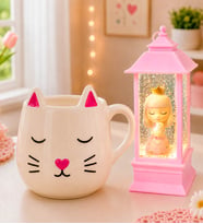 Kedili Kız Işıklı Kule Kar Küresi & 3D Ponçik Kedi Kupa