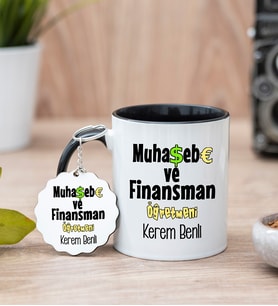 Muhasebe Ve Finansman Öğretmeni Siyah Kupa Bardak Ve Anahtarlık Set