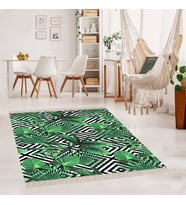 Yeşil Yaprak Desenli Dijital Baskı Yıkanabilir Tropikal Desenli Modern Salon Halısı
